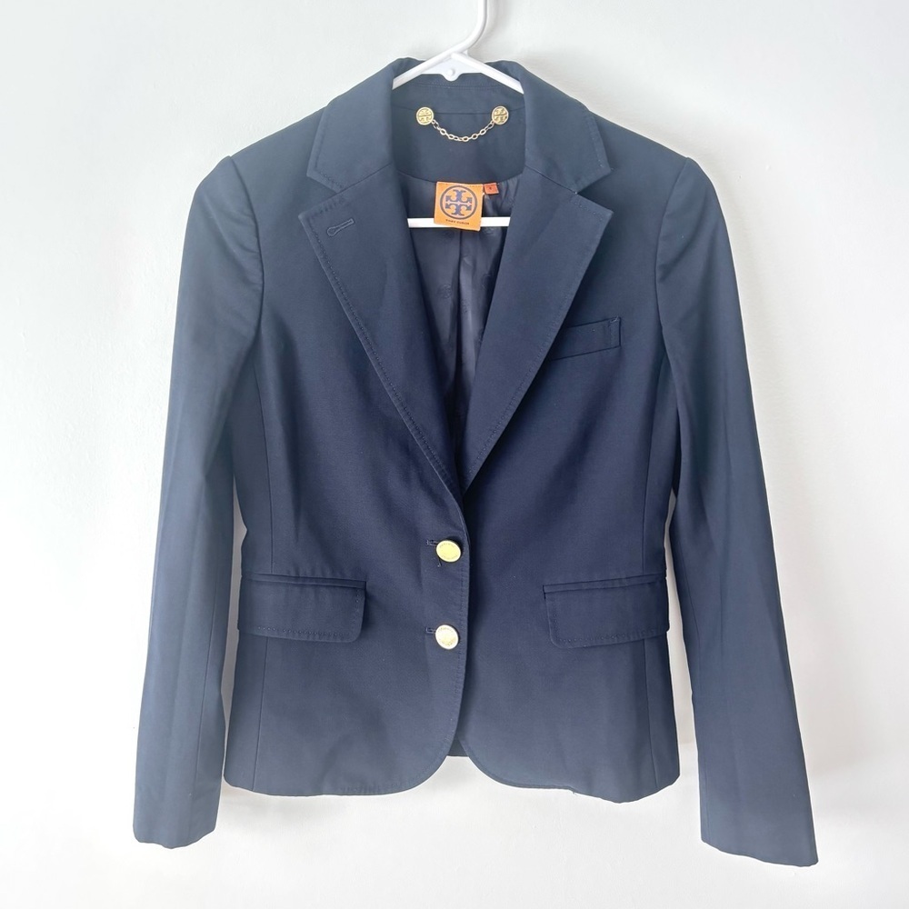 Tory Burch Navy Blue Wool Blend Blazer Gold Buttons Professional Business Career